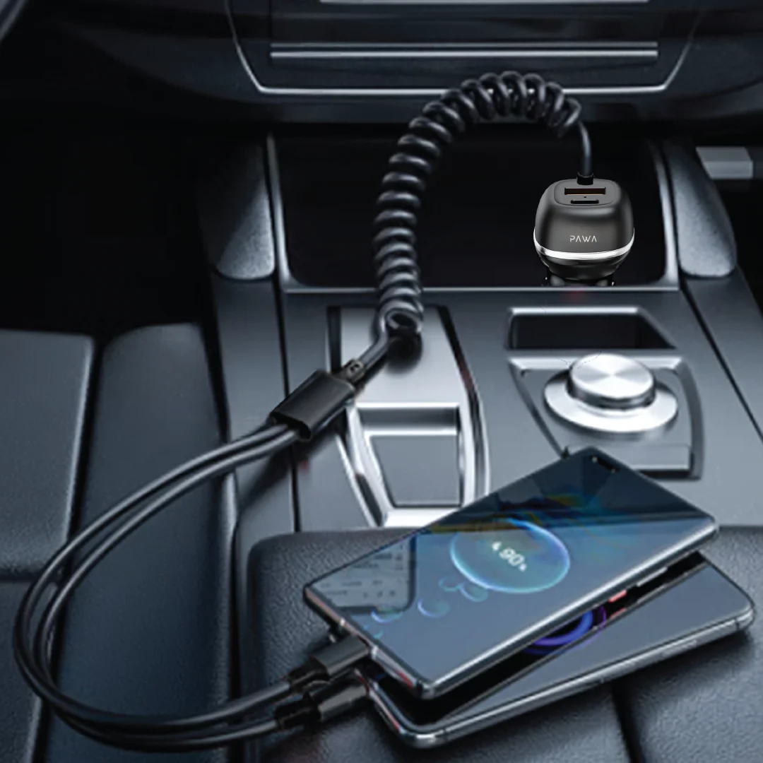 PAWA SOLID CAR CHARGER DUAL PORT PD+QC WITH USB C AND LIGHTNING CABLE 68W BLACK PW-CC68INTL-BK thumbnail 2