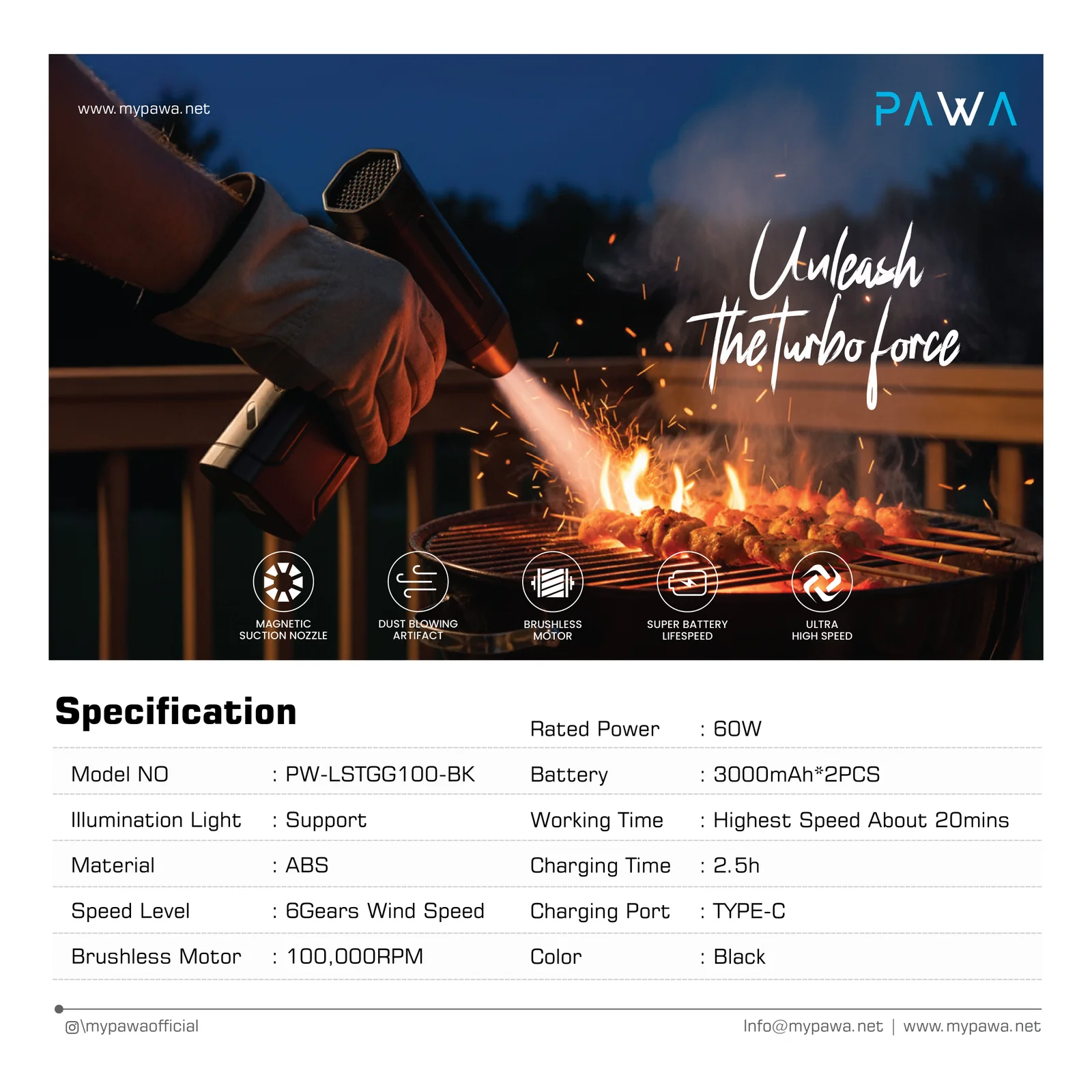 PAWA TURBO FAN BLOWER WITH LED LIGHT BLACK PW-LSTGG100-BK thumbnail 3