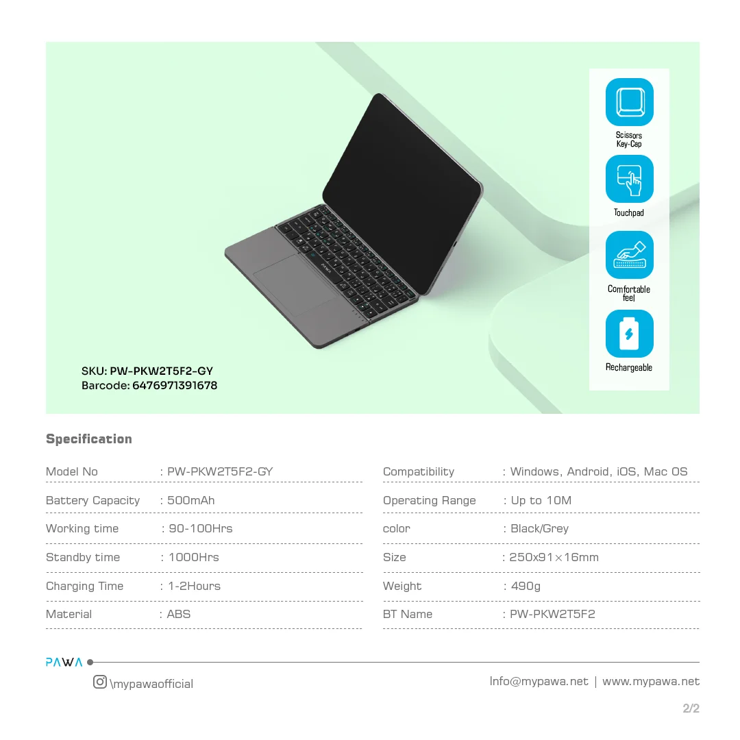 PAWA PORTABLE FOLDABLE WIRELESS KEYBOARD WITH TOUCHPAD GREY PW-PKW2T5F2-GY thumbnail 4