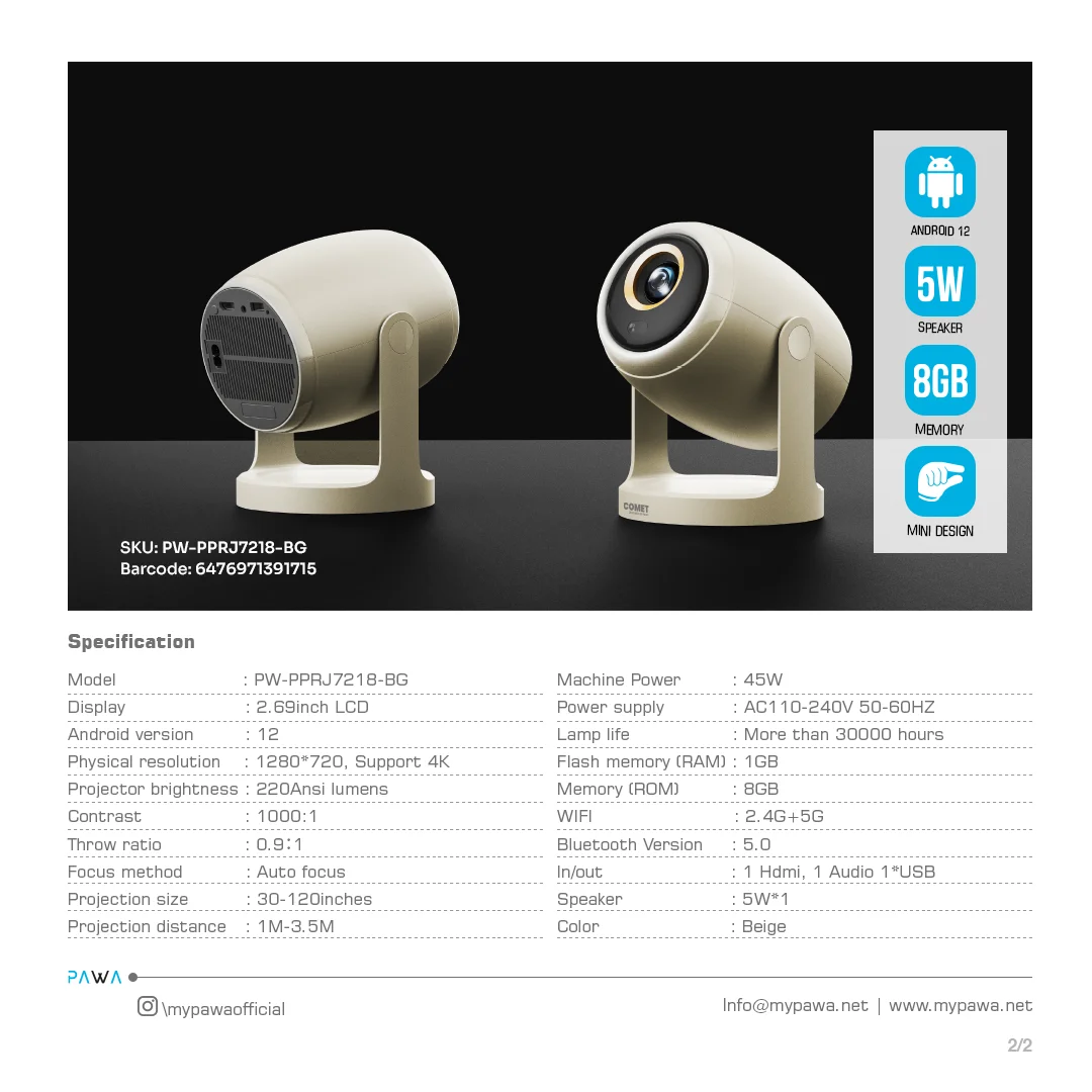 PAWA MINI COMET 720P ANDROID PROJECTOR WITH 220ANSI LUMENS BEIGE PW-PPRJ7218-BG thumbnail 3