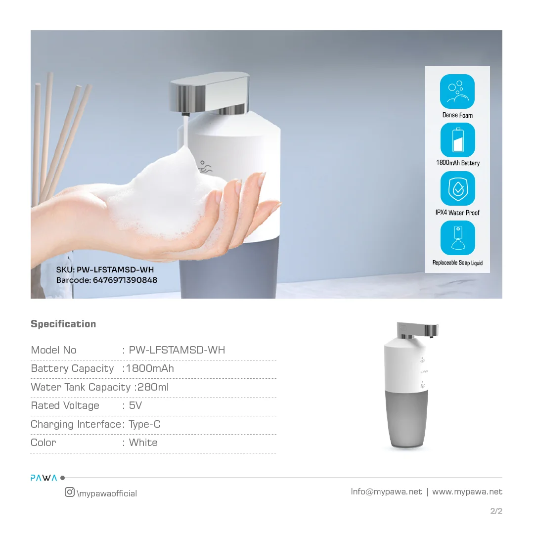 PAWA SOAP DISPENSER AUTOMATIC WITH 2 LEVELS OF DISTANCE SENSING WHITE PW-LFSTAMSD-WH thumbnail 3