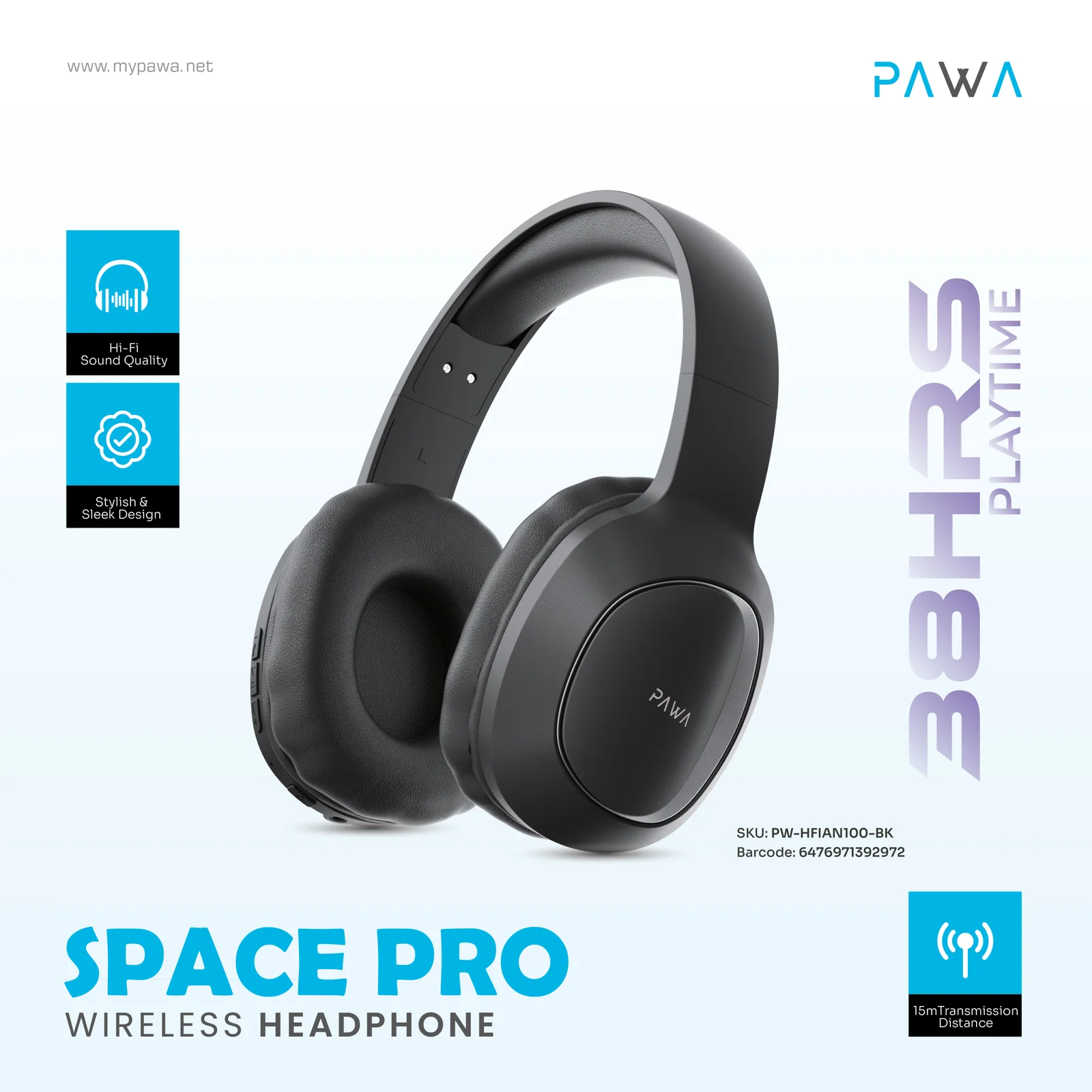 PAWA SPACE PRO WIRELESS HEADPHONE BLACK PW-HFIAN100-BK thumbnail 2