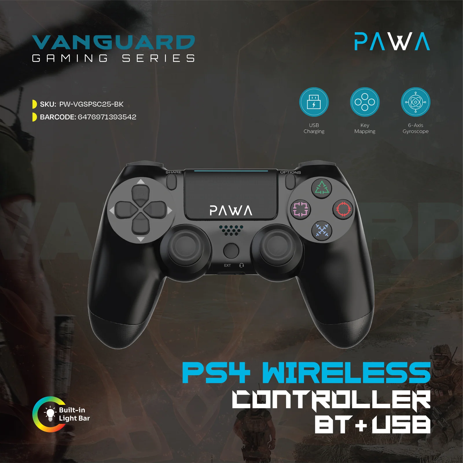 PAWA VANGUARD GAMING SERIES PS4 WIRELESS CONTROLLER BT+USB BLACK PW-VGSPC25-BK thumbnail 3