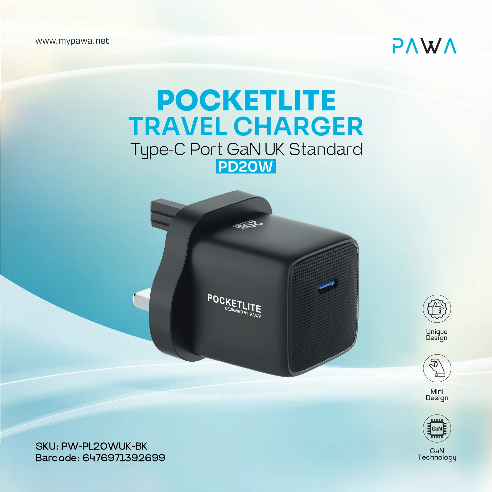 PAWA POCKETLITE TRAVEL CHARGER TYPE C PORT GAN UK STANDARD PD20W BLACK PW-PL20WUK-BK thumbnail 2