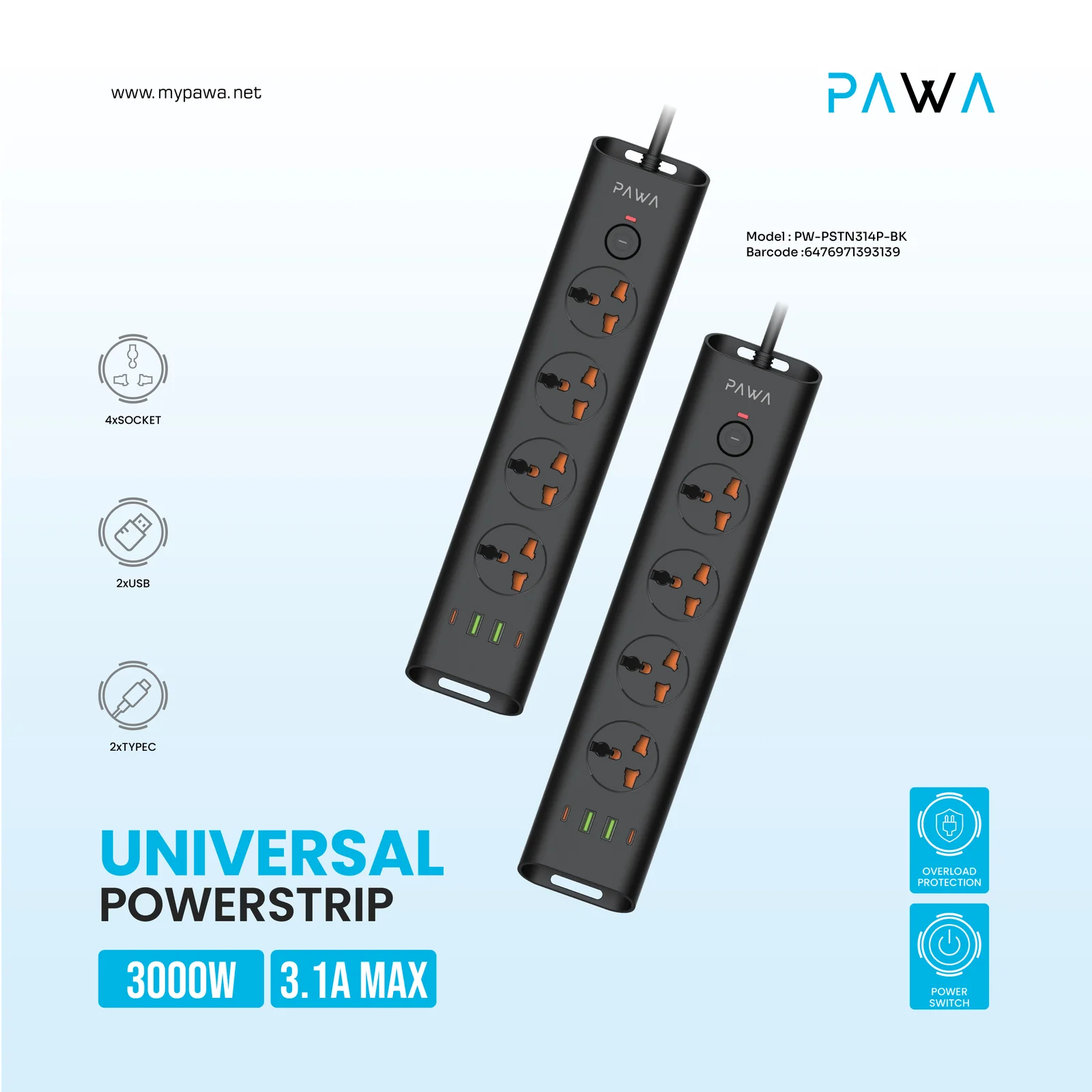 PAWA UNIVERSAL POWERSTRIP 3000W 3.1A MAX BLACK PW-PSTN314P-BK thumbnail 2