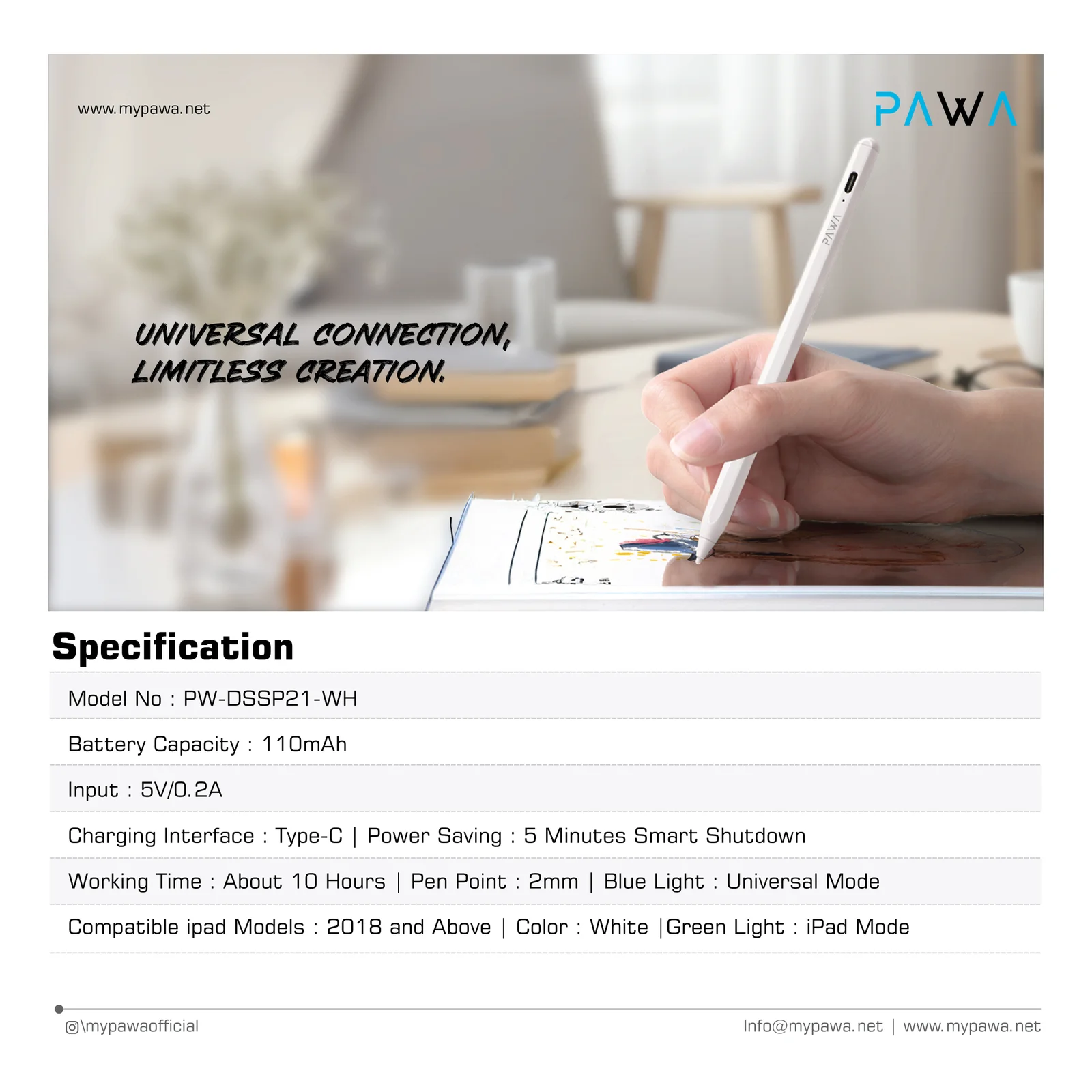 PAWA DUAL SYSTEM UNIVERSAL PENCIL WITH PALM REJECTION WHITE PW-DSSP21-WH thumbnail 5