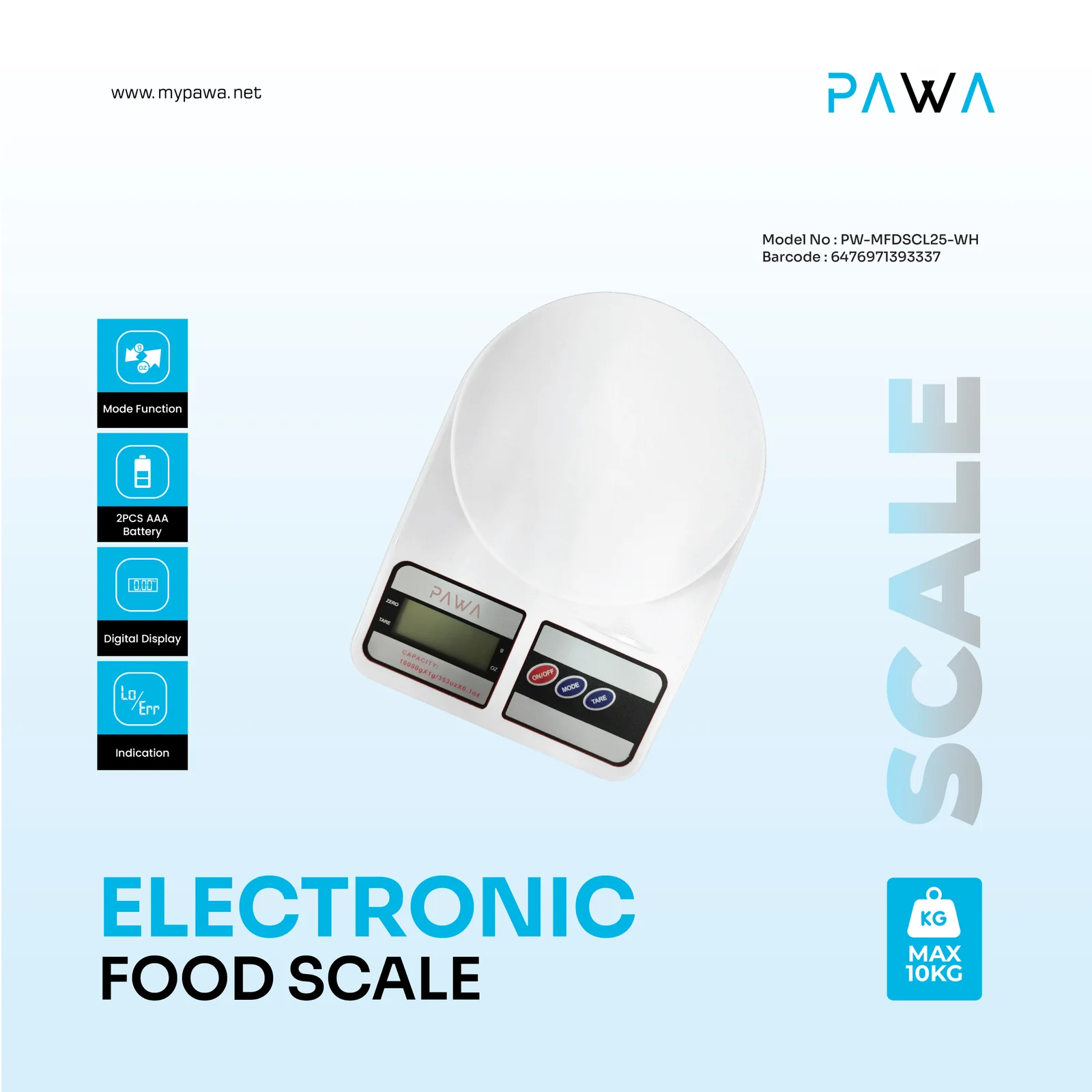 PAWA ELECTRONIC FOOD SCALE MAX 10KG WHITE PW-MFDSCL25-WH thumbnail 3