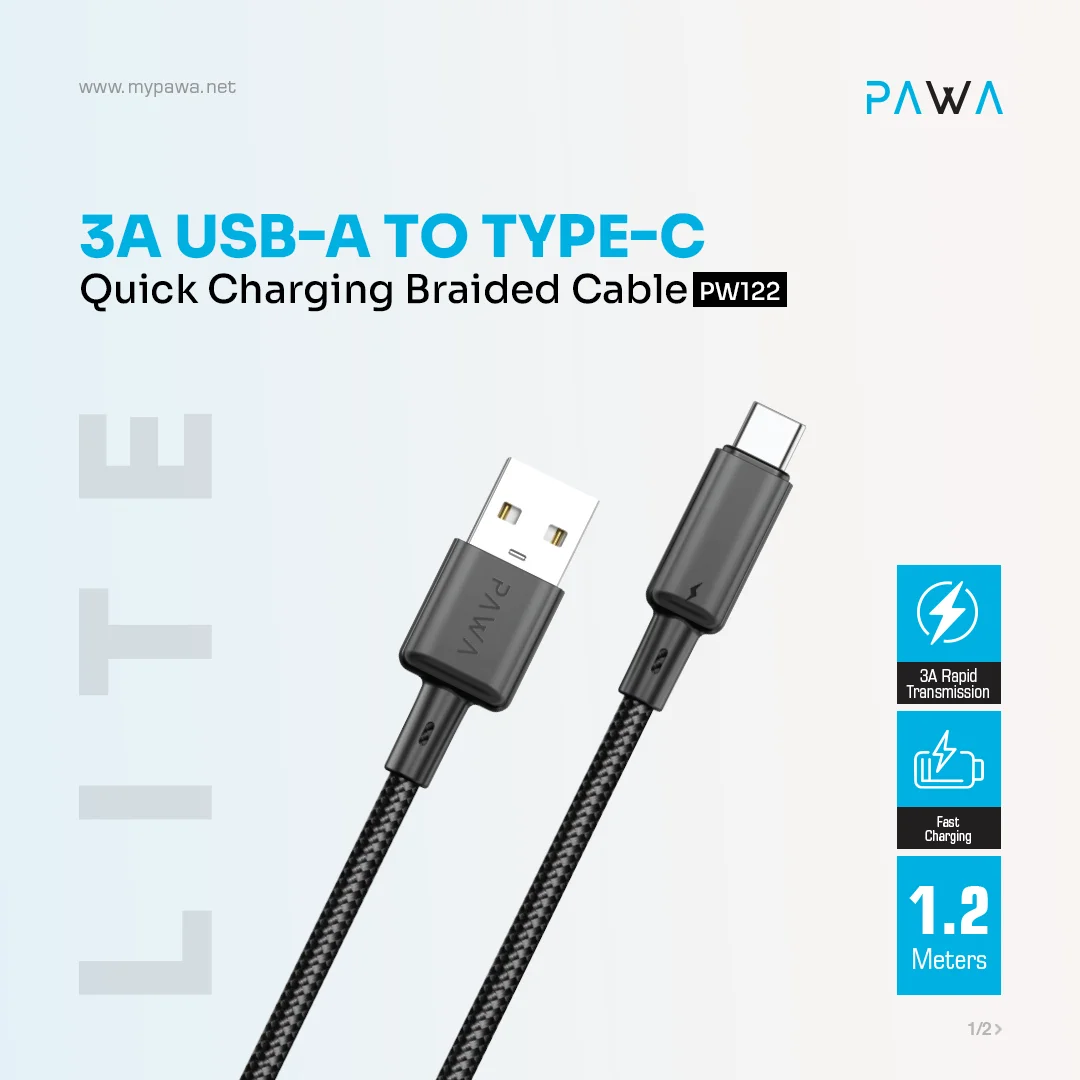 PAWA 3A USB A TO TYPE C QUICK CHARGING BRAIDED CABLE 1.2M PW122 BLACK PW-BTLT12AT-BK thumbnail 3