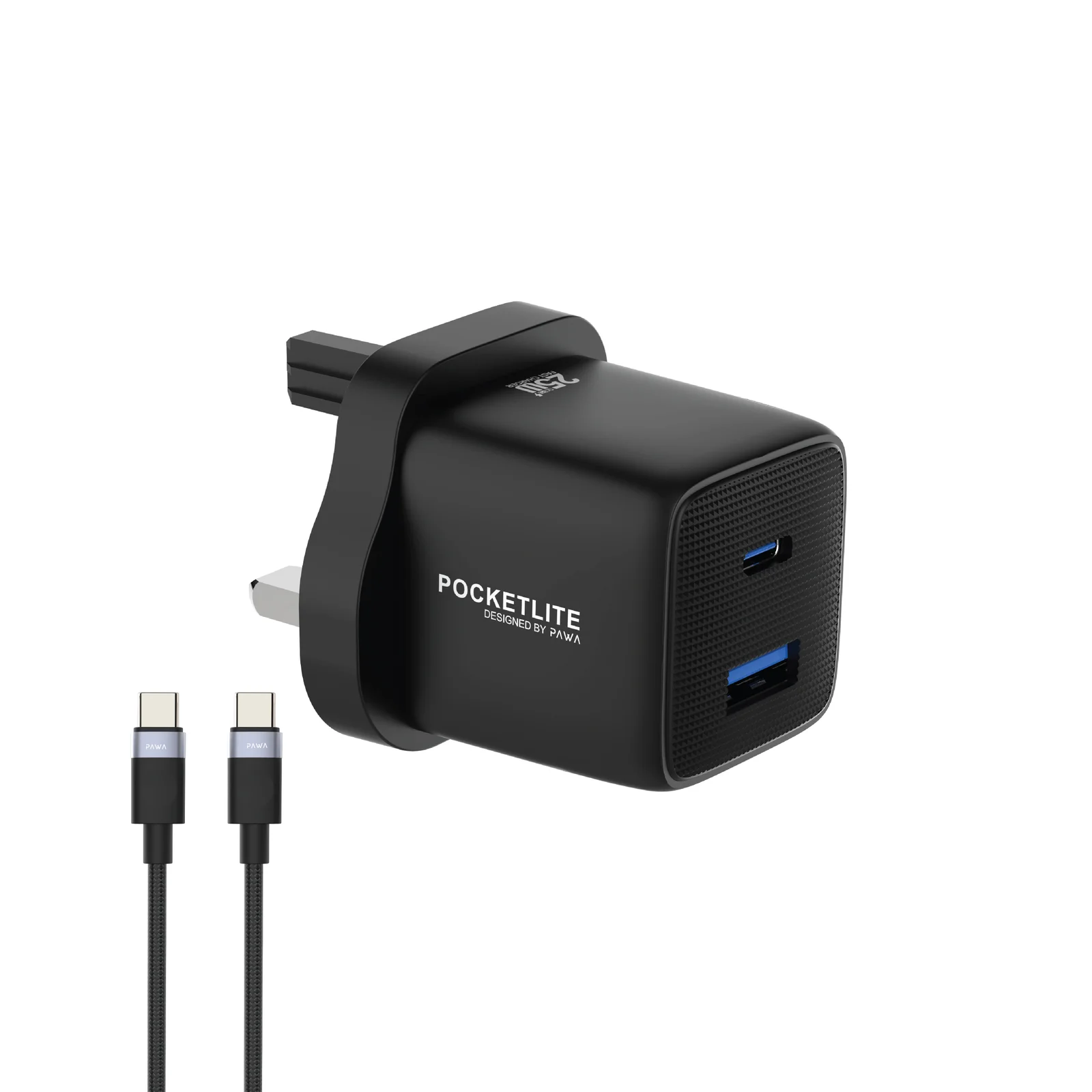 PAWA POCKETLITE TRAVEL CHARGER PD+QC PORT GAN UK STANDARD PD25W USB C TO USB C CABLE BLACK PW-PL1U1PUKT-BK
