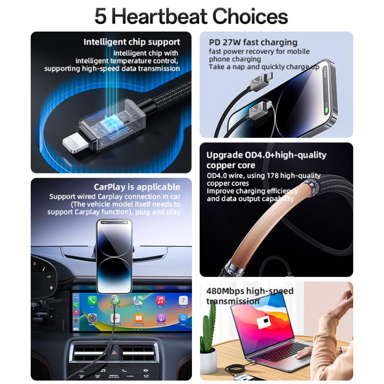 YESIDO 27W USB-C TO LIGHTNING CABLE 1.2M BLACK CA195 thumbnail 3
