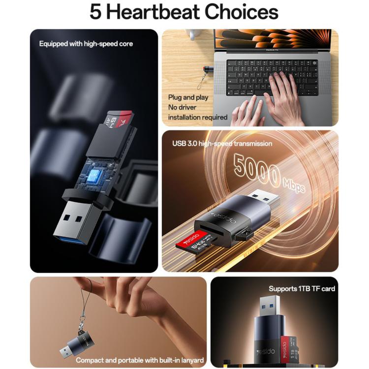 YESIDO USB A TO TF CARD READER BLACK GS36 thumbnail 7