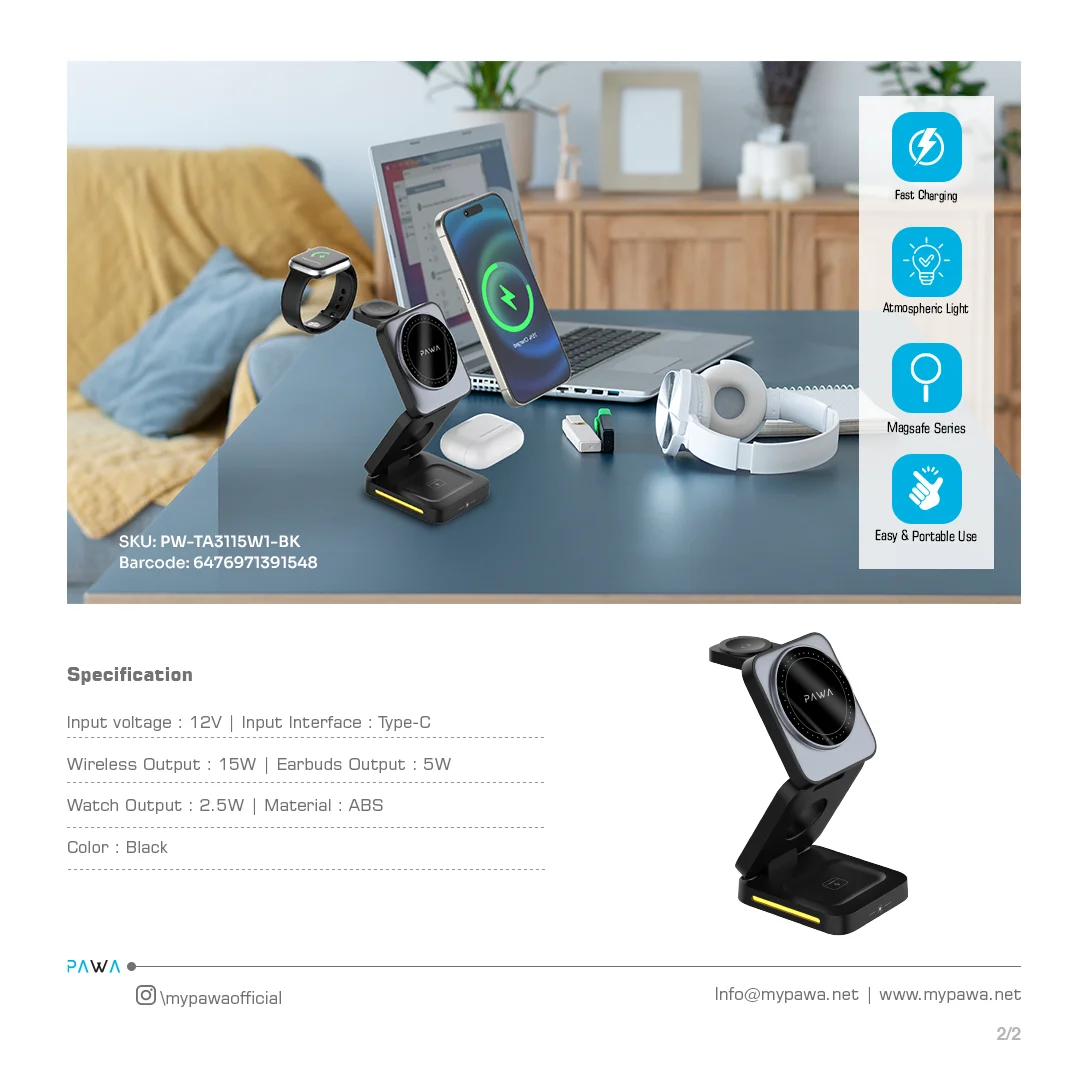 PAWA 3 IN 1 FOLDABLE WIRELESS CHARGER BLACK PW-TA3115W1 thumbnail 4