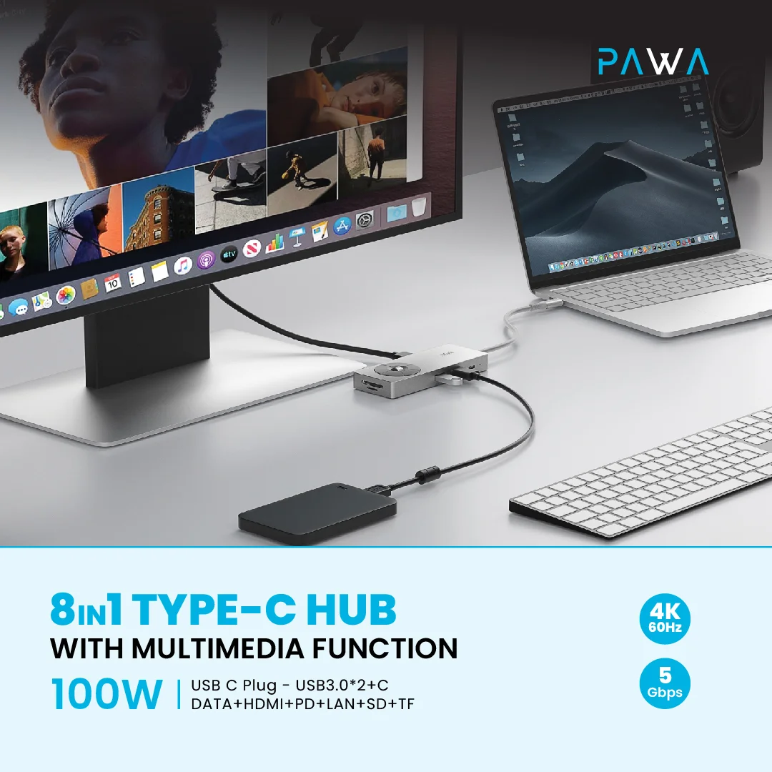 PAWA 8 IN 1 TYPE-C HUB WITH MULTIMEDIA FUCTION 100W PW-THUBB124 thumbnail 5