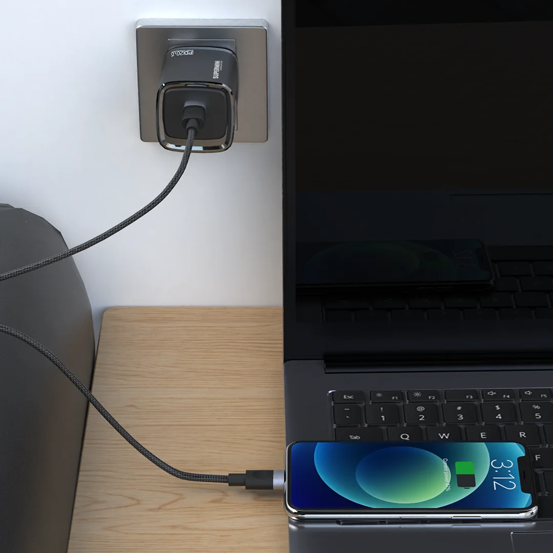 PAWA SUPERMINI TRAVEL CHARGER TYPE C PORT PD20 WITH BRAIDED LIGHTNING CABLE BLACK PW-TCSP20UL-BK thumbnail 2