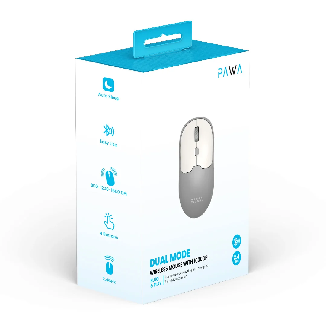 PAWA DUAL MODE WIRELESS MOUSE WITH 1600 DPI GREY WHITE PW-CABTMK16-GYWH thumbnail 2
