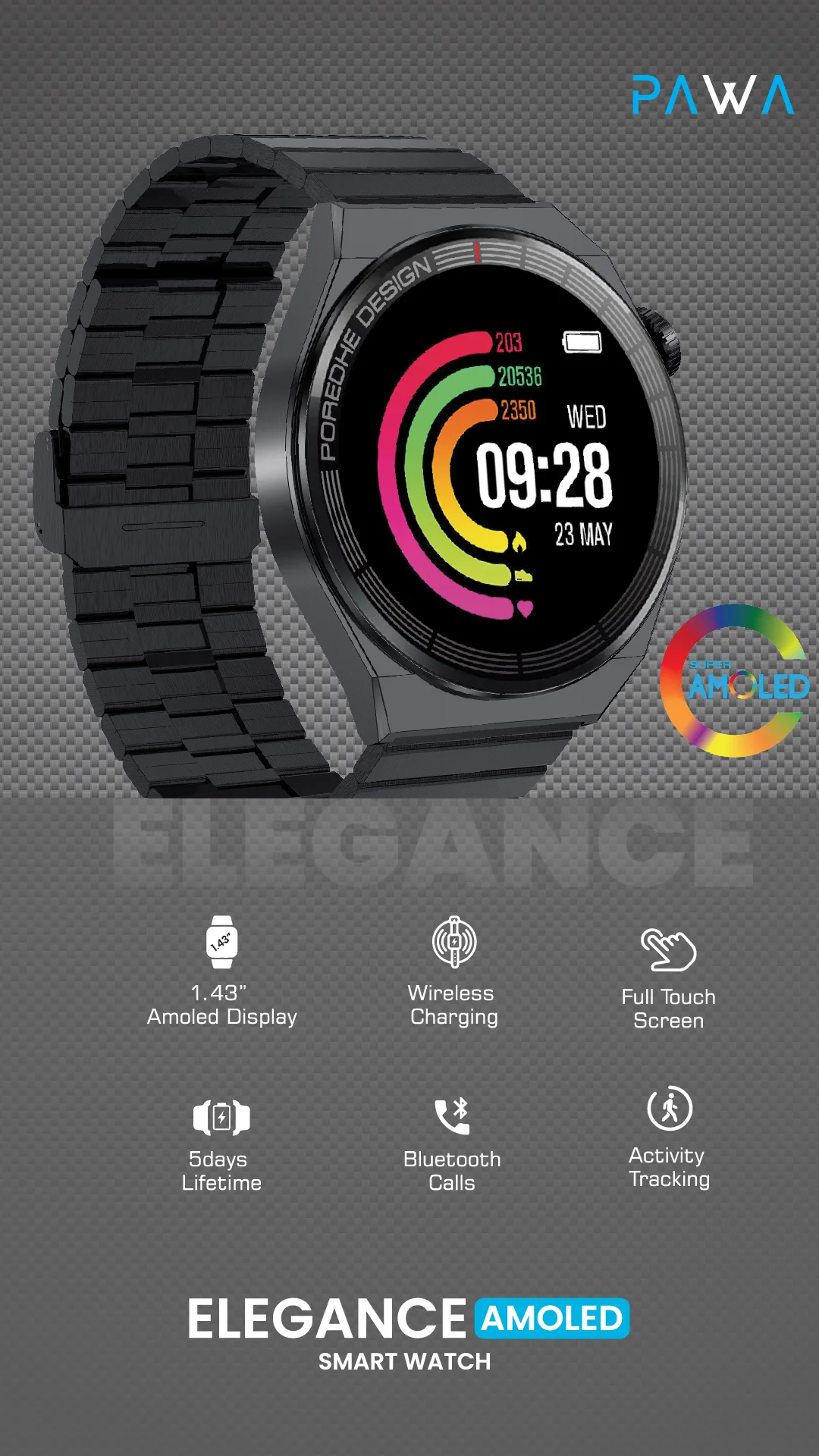 PAWA SMART WATCH ELEGANCE AMOLED BLACK PW-SWE143T2-BK thumbnail 2