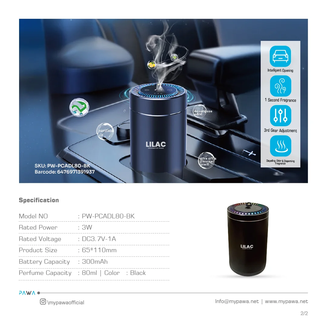PAWA LILAC AROMA DIFFUSER WITH STARRY LIGHT BLACK PW-PCADL80-BK thumbnail 4