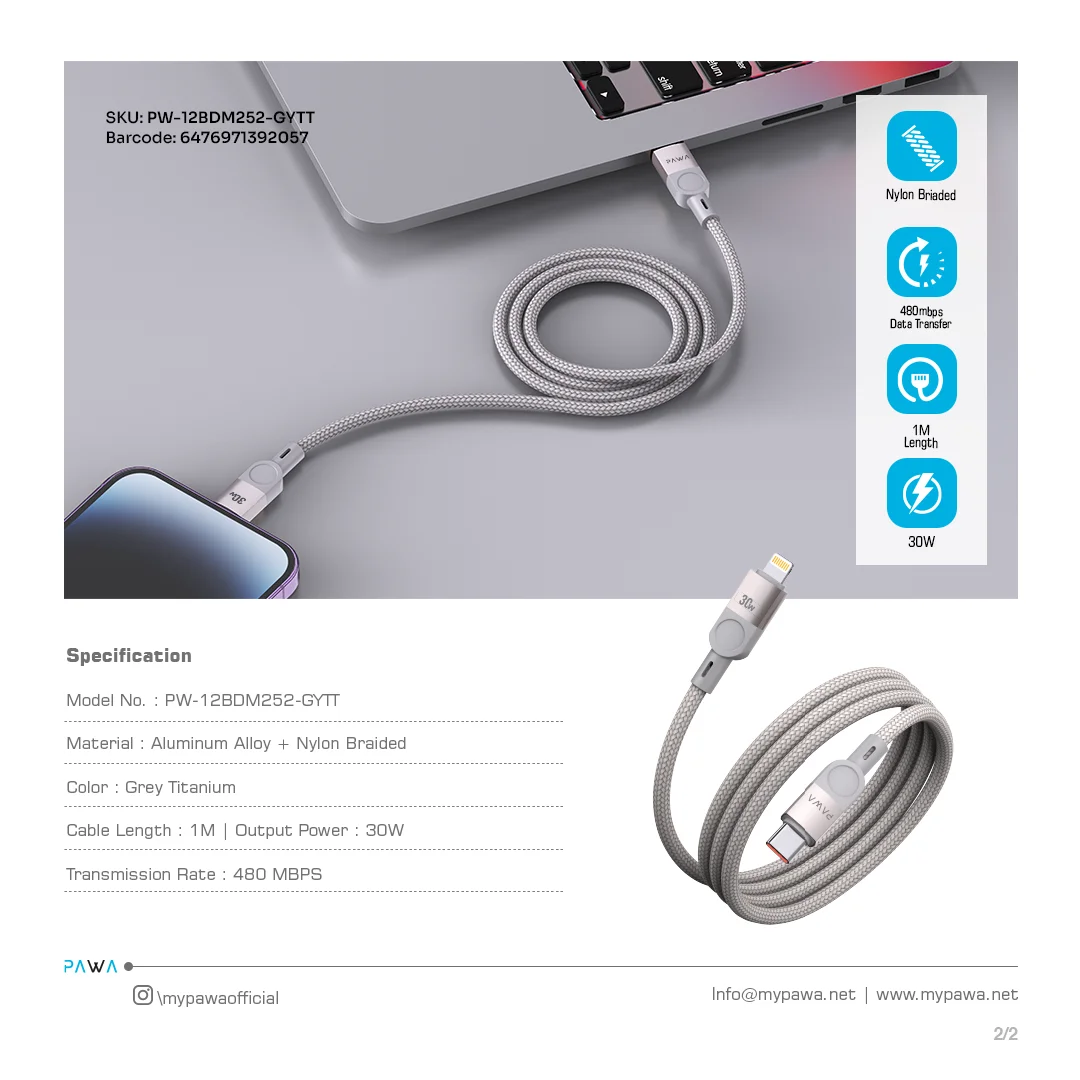 PAWA LEVIN MAGNETIC BRAIDED USB C TO LIGHTNING 30W CABLE 1M GREY TITANIUM PW-12BDM252-GYTT thumbnail 4