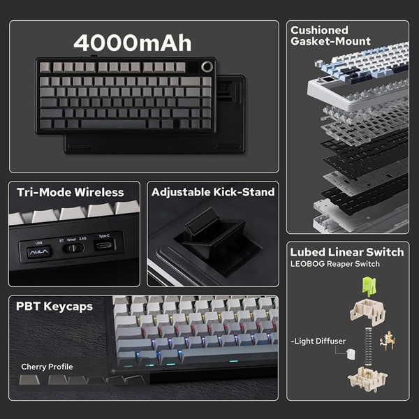 AULA 75 KEYS RGB 75% MECHANICAL GAMING KEYBOARD TRI MODE KNOB REAPER SWITCH GRADIENT GRAY F75 MAX thumbnail 2