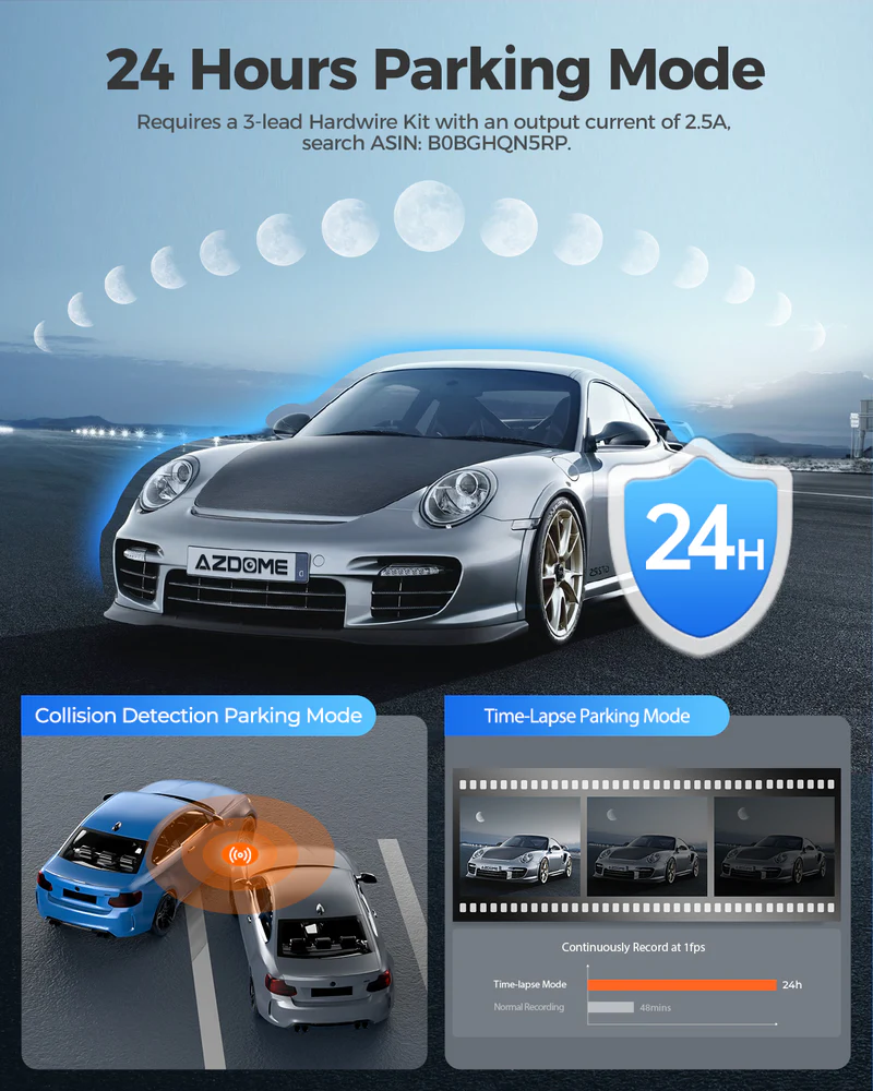 AZDOME 4K Front and Rear Dash Camera Kit with 64GB Memory Card - M300S thumbnail 5