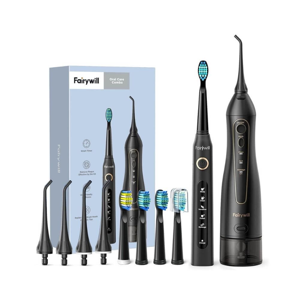FAIRY WILL SONIC TOOTH BRUSH WITH 4 JETTIP SET +4 BRUSH HEADS AND WATER FOSSER BLACK FW 5020 E +FW 507