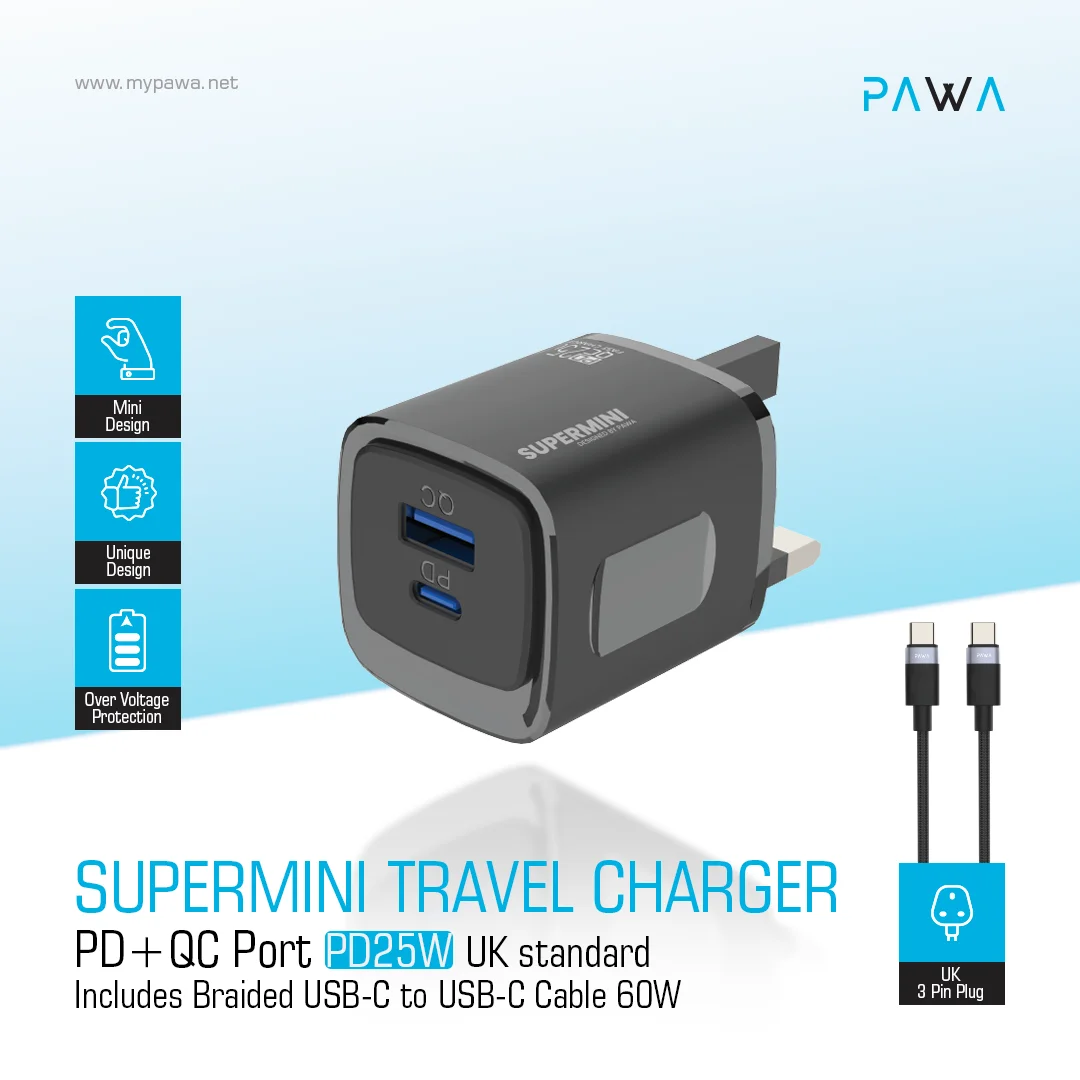 PAWA SUPERMINI TRAVEL CHARGER PD QC PORT 25W WITH BRAIDED TYPE C CABLE BLACK PW-TC25CUUT-BK thumbnail 3