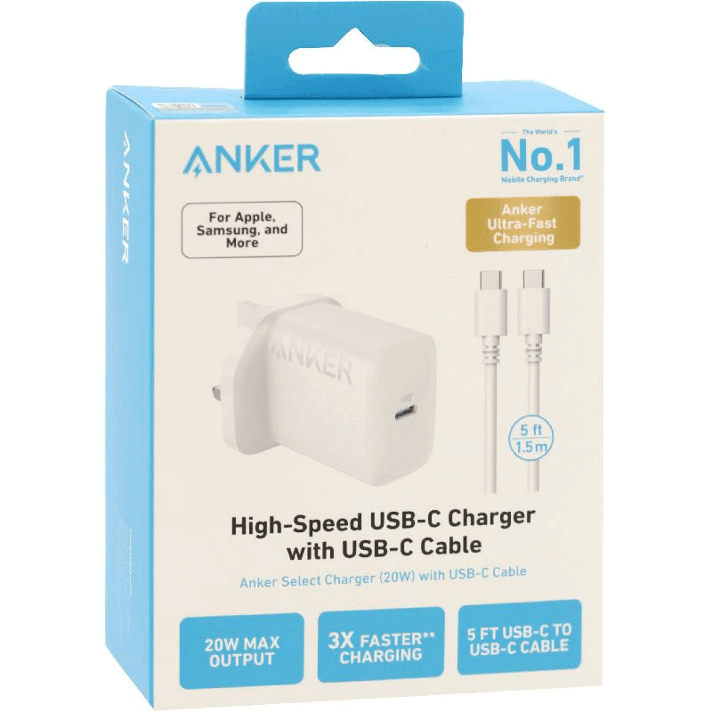 ANKER SELECT CHARGER 20W WITH USB C CABLE WHITE B2347K21