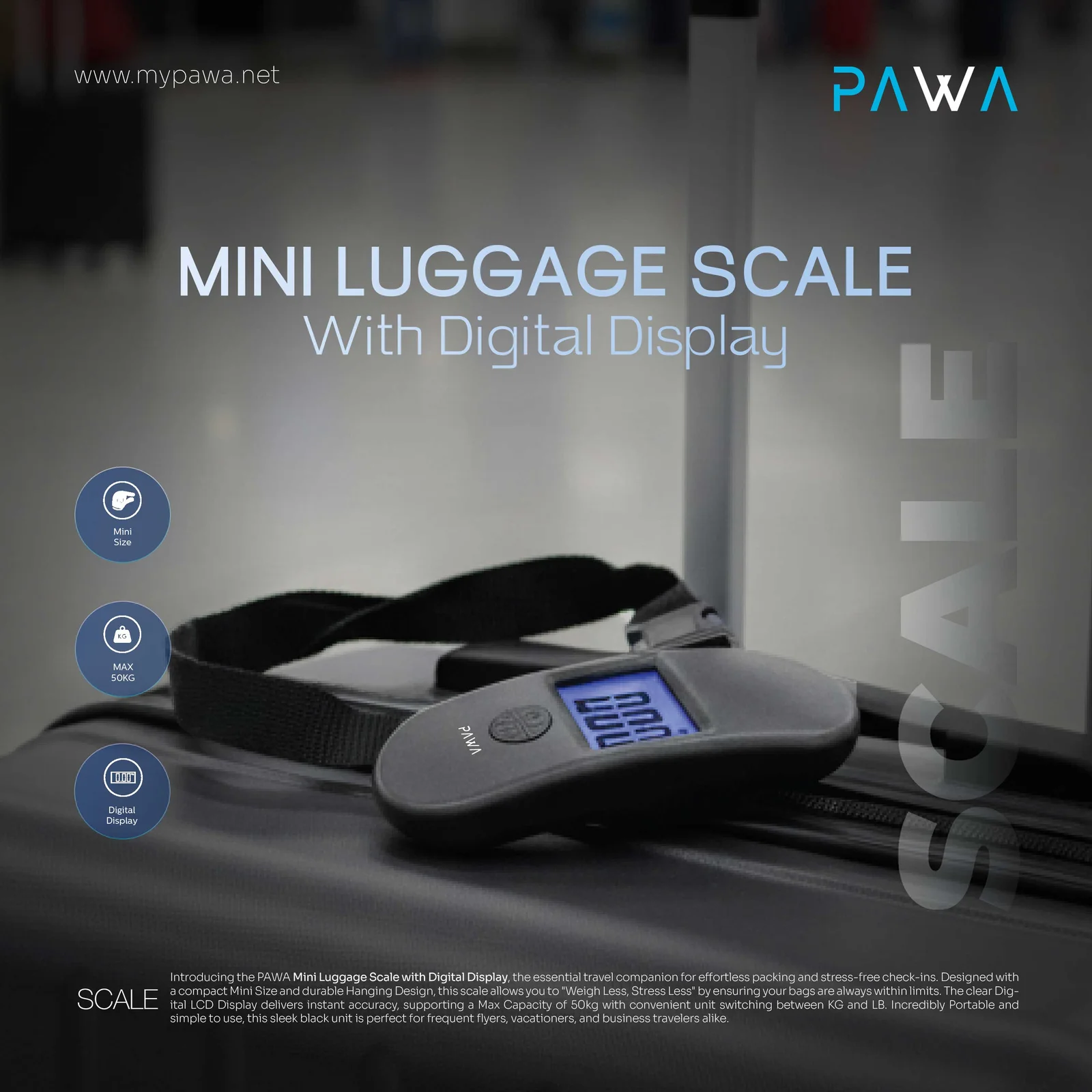 PAWA MINI LUGGAGE SCALE WITH DIGITAL DISPLAY BLACK PW-LGSCLS25-BK thumbnail 5