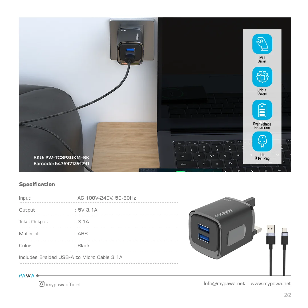 PAWA SUPERMINI TRAVEL CHARGER DUAL USB 3.1A WITH BRAIDED MICRO CABLE BLACK PW-TCSP3UKM-BK thumbnail 4