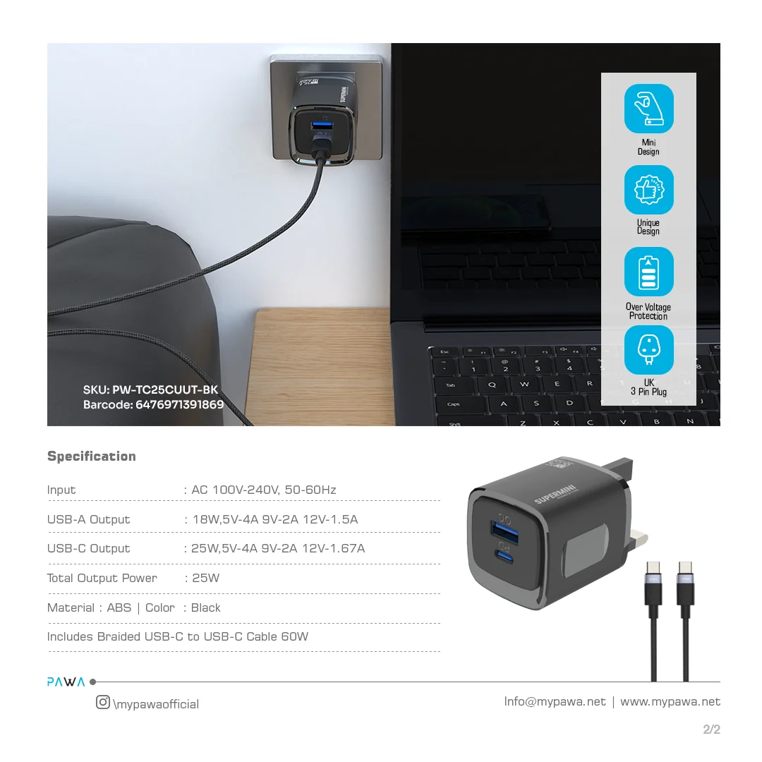 PAWA SUPERMINI TRAVEL CHARGER PD QC PORT 25W WITH BRAIDED TYPE C CABLE BLACK PW-TC25CUUT-BK thumbnail 4