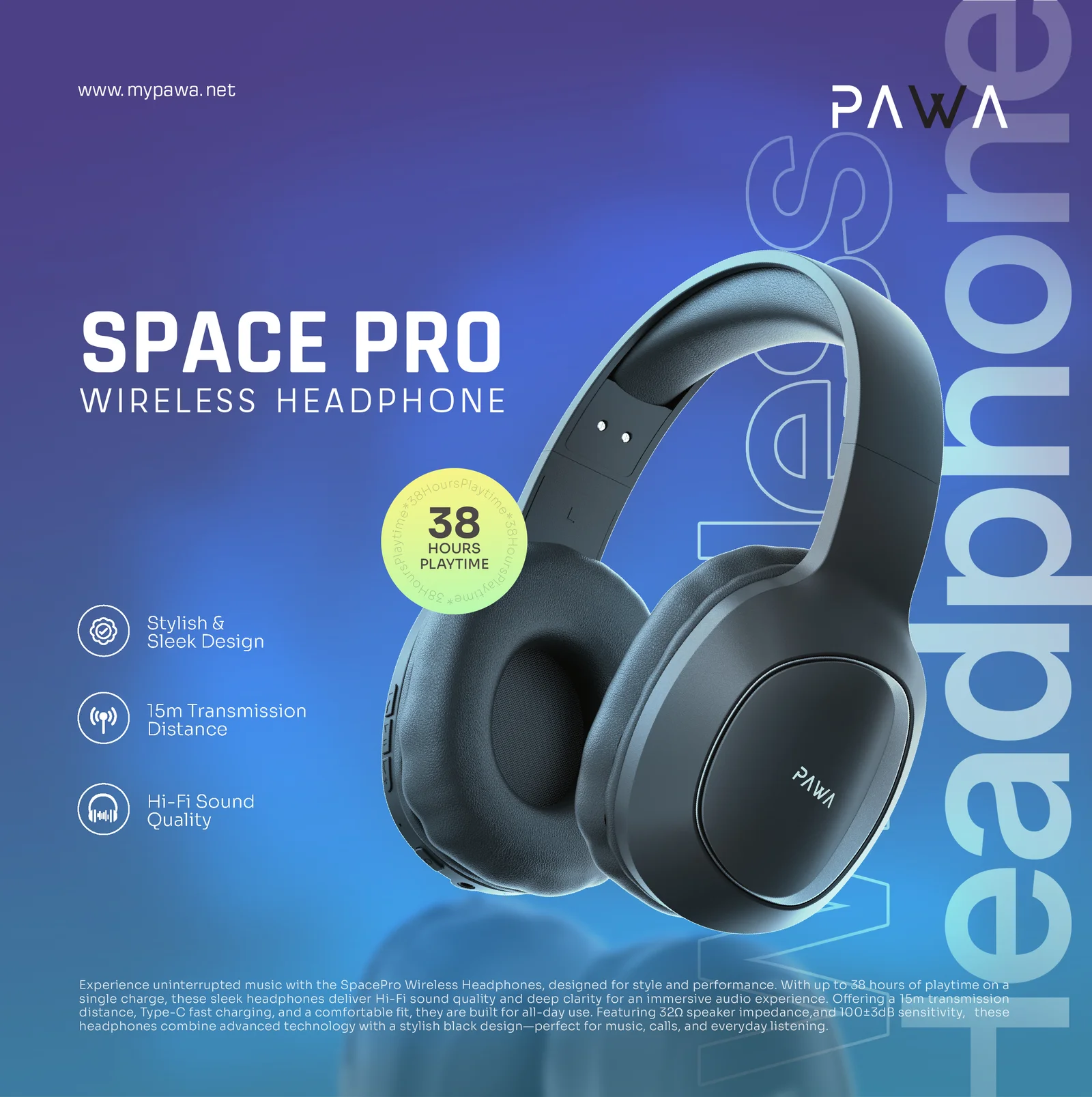 PAWA SPACE PRO WIRELESS HEADPHONE BLACK PW-HFIAN100-BK thumbnail 4