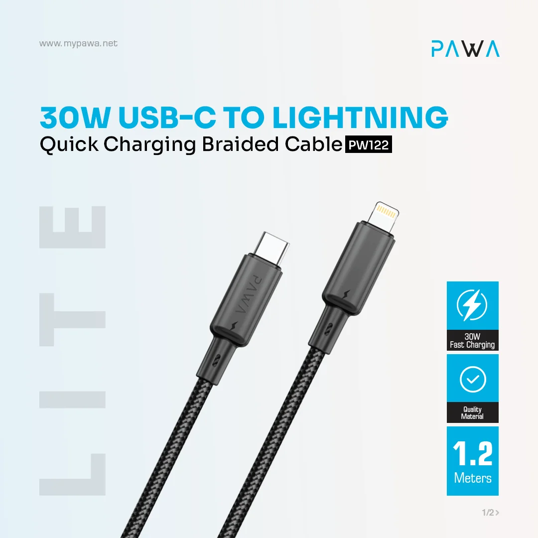 PAWA 30W USB C TO LIGHTNING QUICK CHARGING BRAIDED CABLE 1.2M PW122 BLACK PW-BTLT12CL-BK thumbnail 3