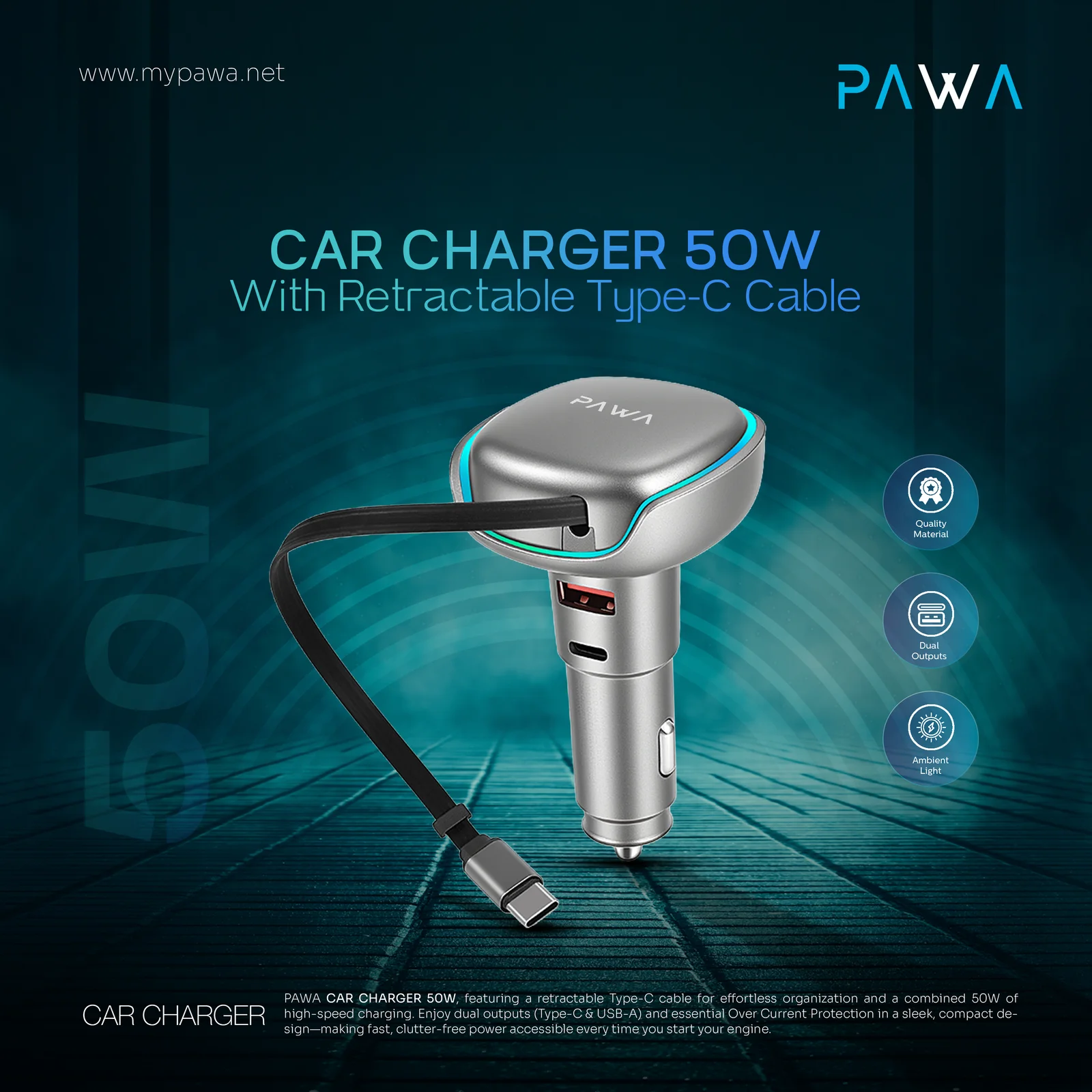 PAWA CAR CHARGER 50W WITH RETRACTABLE TYPE C CABLE SILVER PW-CC50WCA2-SL thumbnail 2