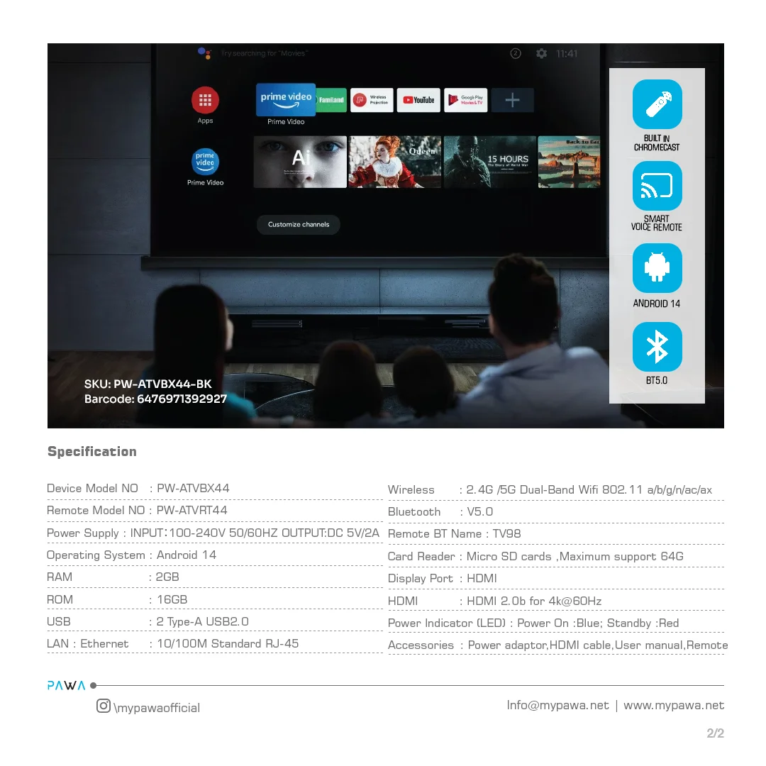 PAWA ANDROID TV BOX 4K ULTRA HD BLACK PW-ATVBX44-BK thumbnail 5