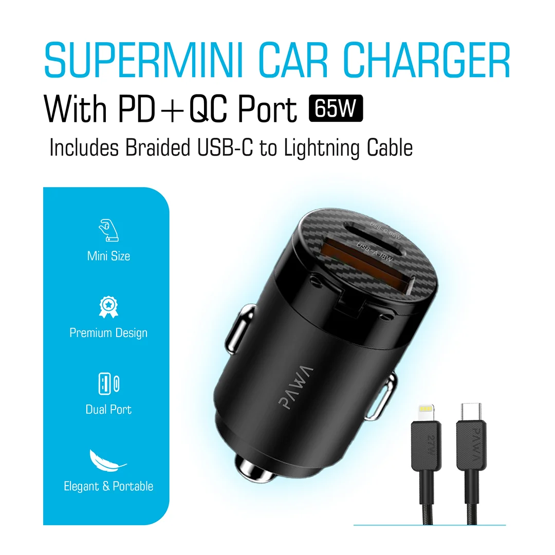 PAWA SUPERMINI CAR CHARGER WITH PD+QC PORT 65W BLACK PW-PDTCN65W-BK thumbnail 3