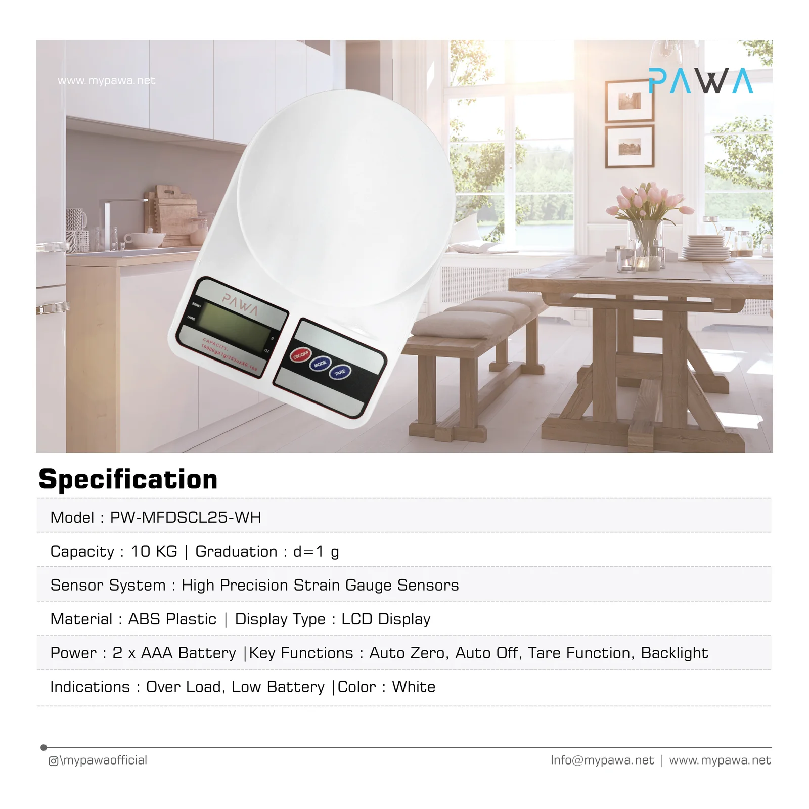 PAWA ELECTRONIC FOOD SCALE MAX 10KG WHITE PW-MFDSCL25-WH thumbnail 4