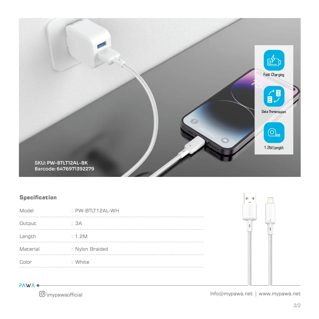 PAWA 3A USB A TO LIGHTNING QUICK CHARGING BRAIDED CABLE 1.2M PW122 WHITE PW-BTLT12AL-WH thumbnail 3