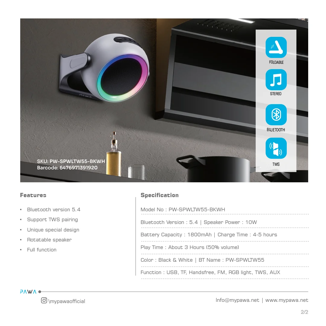 PAWA ARIA WALL AND DESKTOP SPEAKER WITH RGB LIGHT BLACK PW-SPWLTW55-BK thumbnail 4