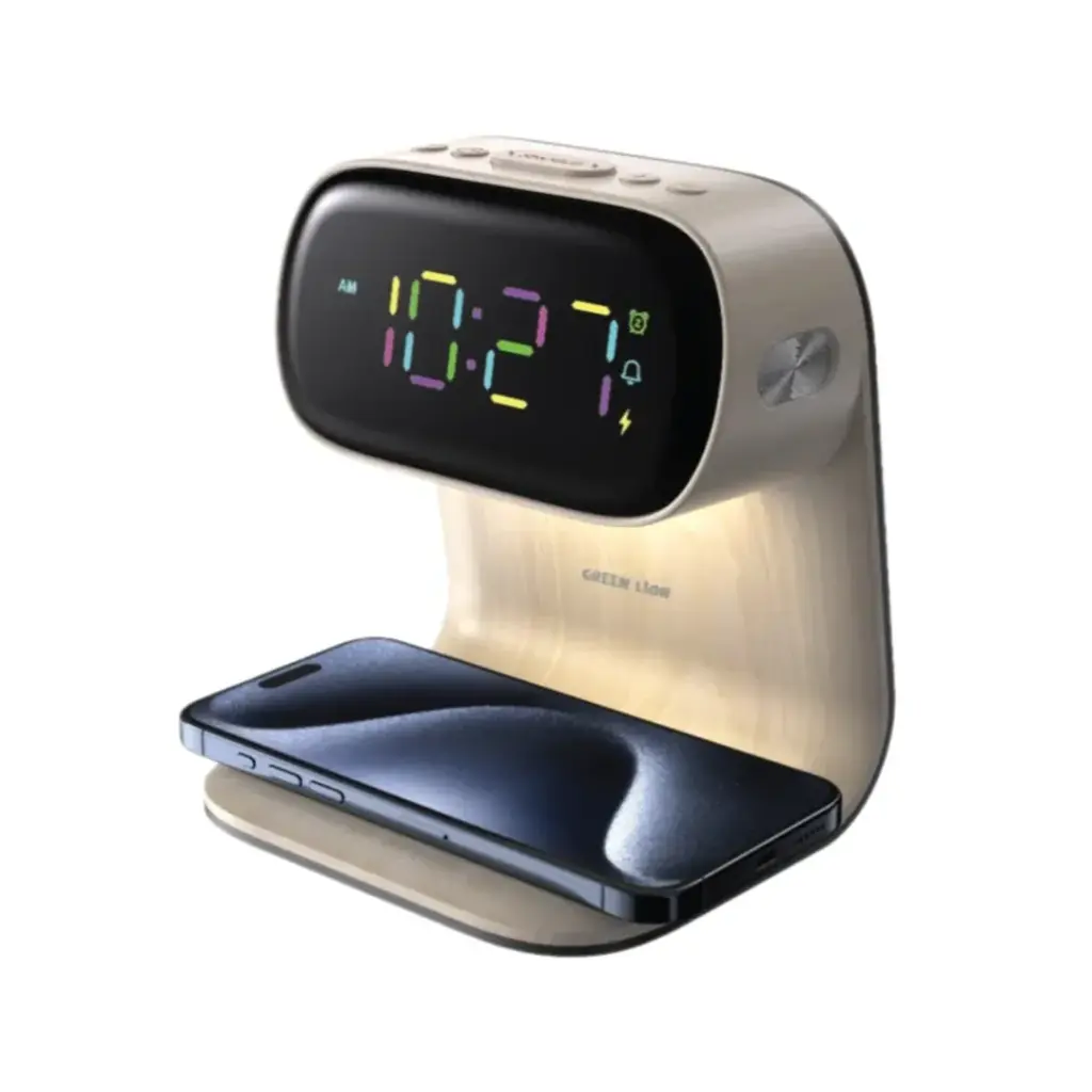 GREEN LION BEDSIDE CLOCK WITH WIRELESS CHARGER WOOD GNBED15WCHWD