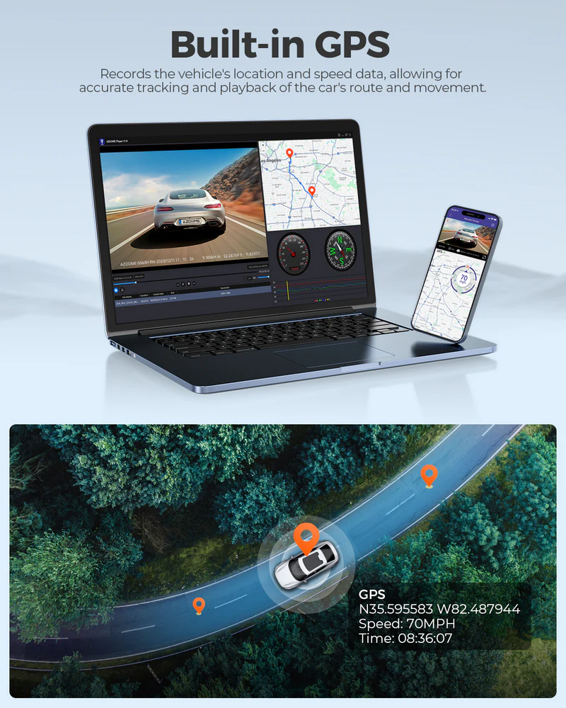 AZDOME 4K Front and Rear Dash Camera Kit with Wi-Fi, GPS, 64GB Memory Card - GS63H Pro thumbnail 5