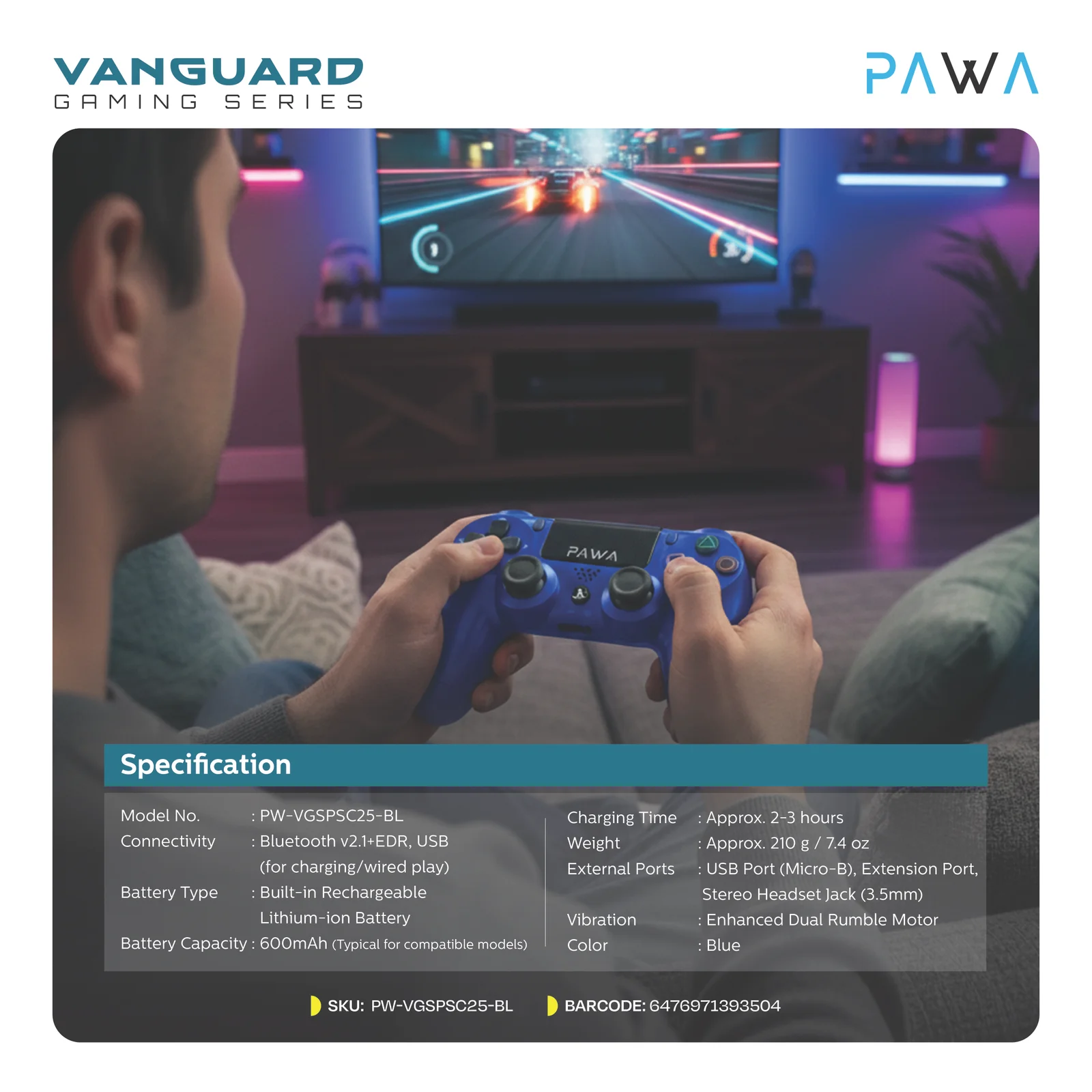 PAWA VANGUARD GAMING SERIES PS4 WIRELESS CONTROLLER BT+USB BLUE PW-VGSPC25-BL thumbnail 3