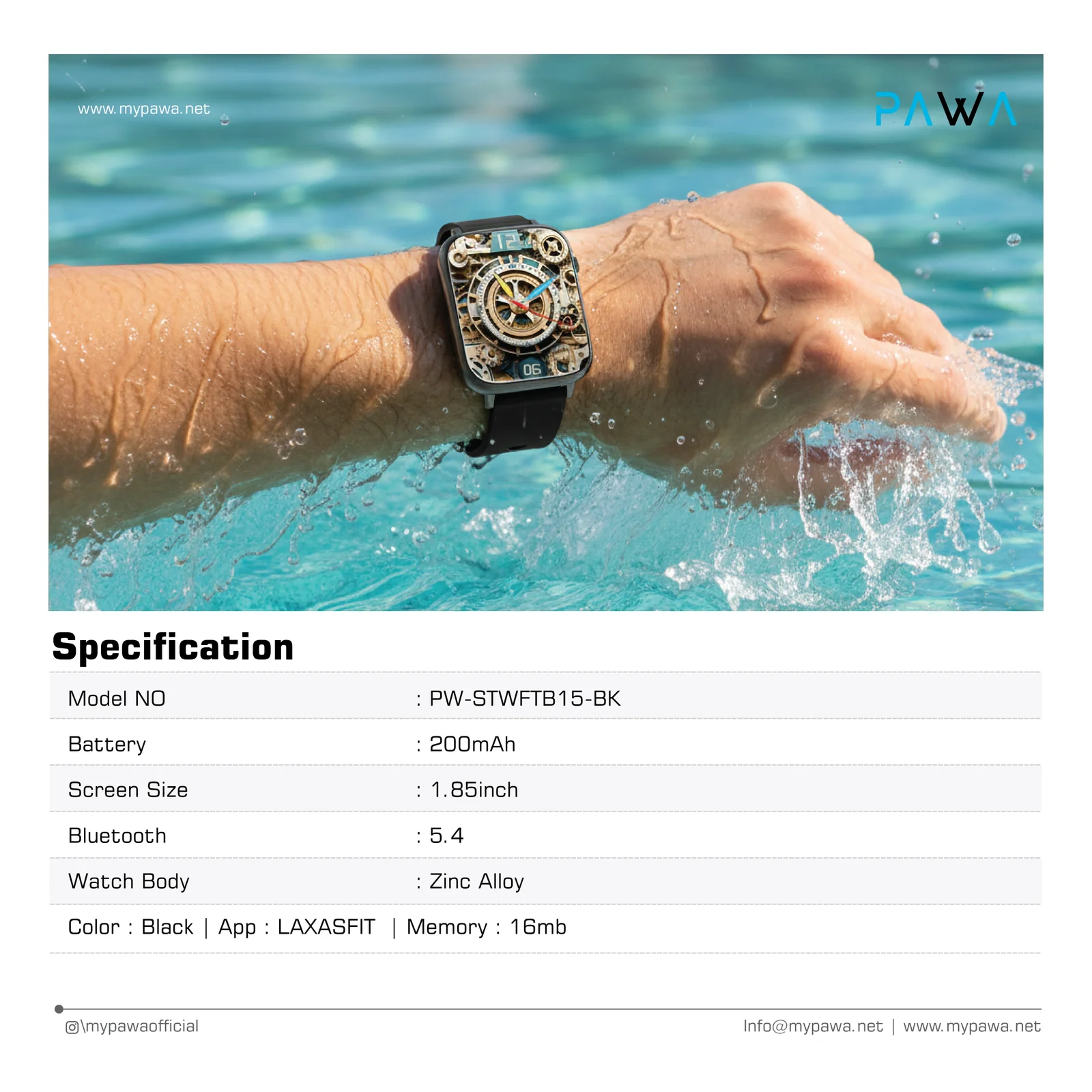 PAWA PLUSE SMART WATCH WITH 1.85 INCH HD DISPLAY BLACK PW-STWFTB15-BK thumbnail 3