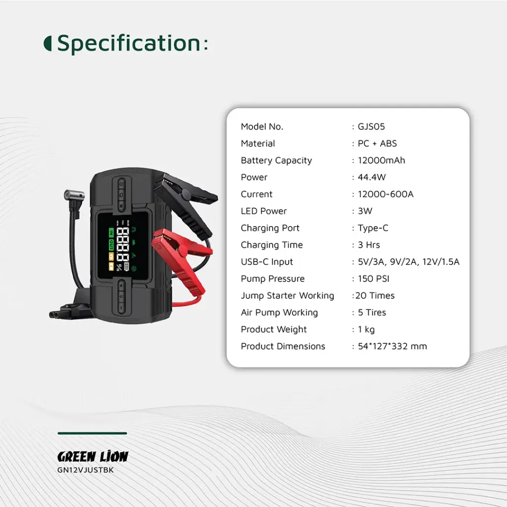 GREEN LION 12V JUMP STARTER 12000 MAH BLACK GN12VJUSTBK thumbnail 2