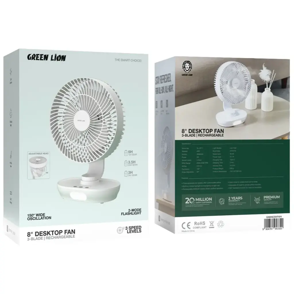 GREEN LION 8 INCH DESKTOP FAN RECHARGEABLE WHITE GN8INDSKFWH thumbnail 2