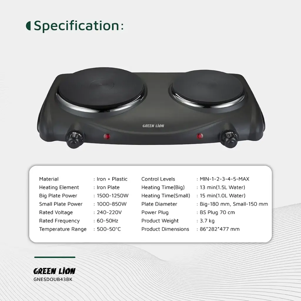 GREEN LION ELECTRIC STOVE DOUBLE HOT PLATE BLACK GNESDOUB43BK thumbnail 2