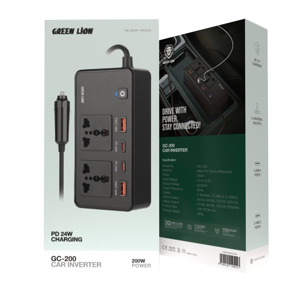 GREEN LION GC-200 CAR INVERTER PD24W BLACK GNGC200CINBK