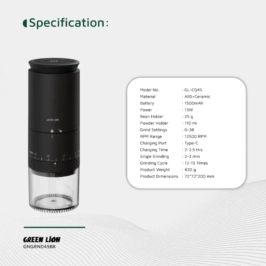 GREEN LION GRIND PRO COFFEE GRINDER RECHARGEABLE BLACK GNGRND45BK thumbnail 6