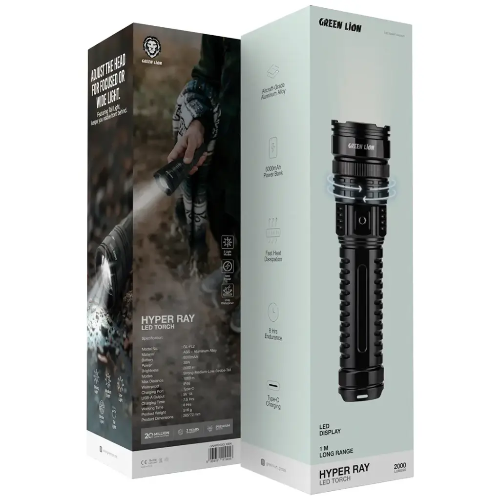 GREEN LION HYPER RAY LED TORCH 2000LM BLACK GNHR2000LMBK thumbnail 2