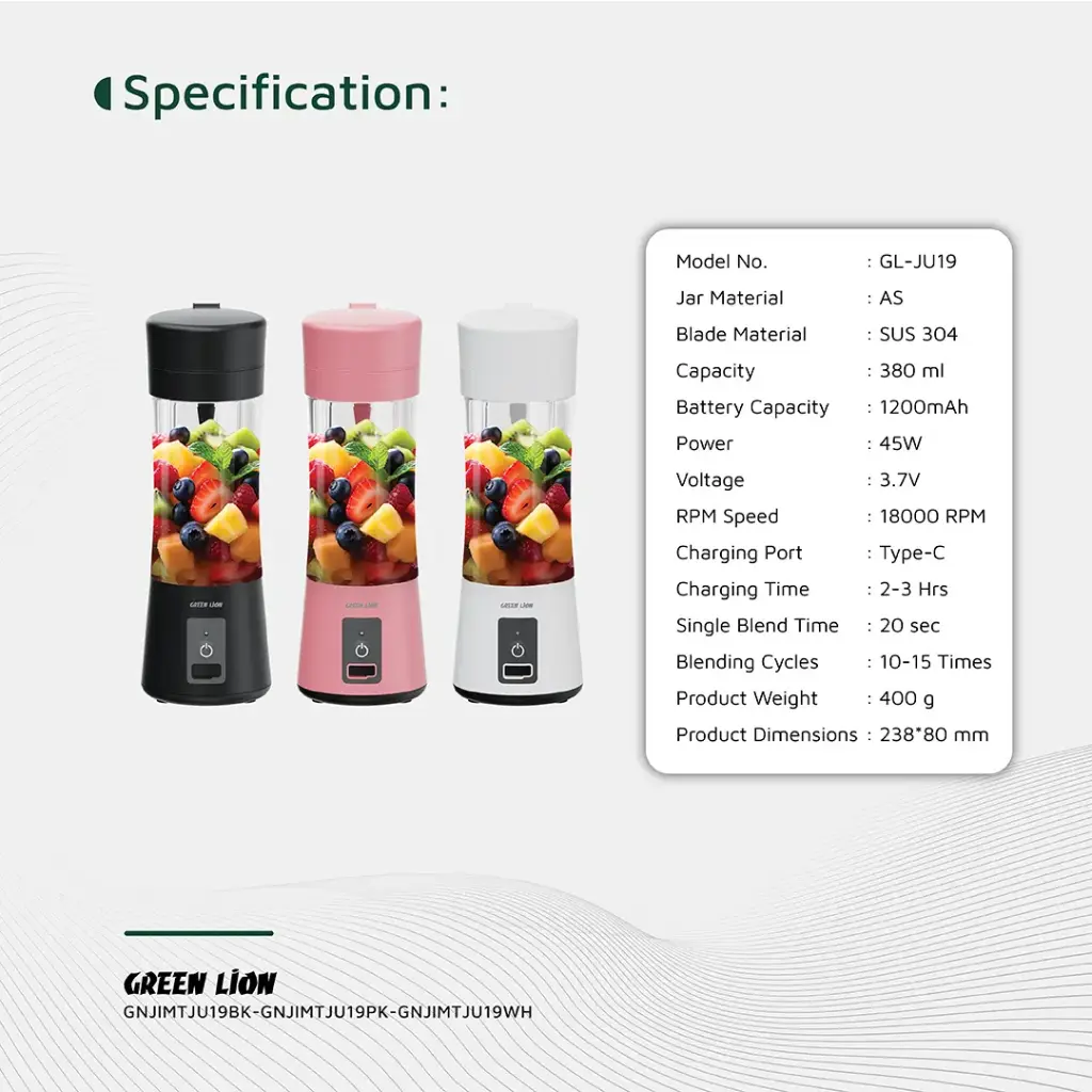 GREEN LION JUICE MATE PORTABLE JUICER 380ML BLACK GNJIMTJU19BK thumbnail 2