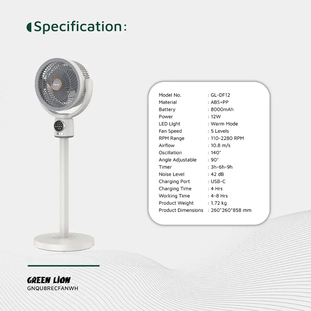 GREEN LION QUAD FLEX FAN RECHARGEABLE 8 INCH 3 BLADE WHITE GNQU8RECFANWH thumbnail 2